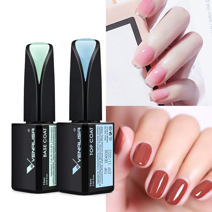 VENALISA 2 Pcs 15ml Gel Nail Ploish Base and Top Coat Set, No Wipe High Gloss Long Lasting Tempered Top Coat Polish Soak Off LED Gel Kit