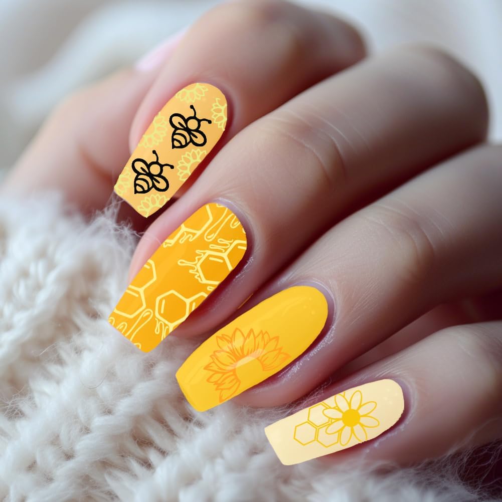 3Pcs Bee Nail Stamping Plate Flowers Honeycomb Nail Art Stamp Templates Stainless Steel Reusable Tools with Stamper Scraper for Manicure Printing