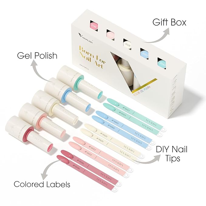 VENALISA 10 ML Gel Nail Polish Set, 5 Pcs Pink Yellow Blue Gel Polish Color High Gloss Soak Off U V Nail Manicure Salon DIY
