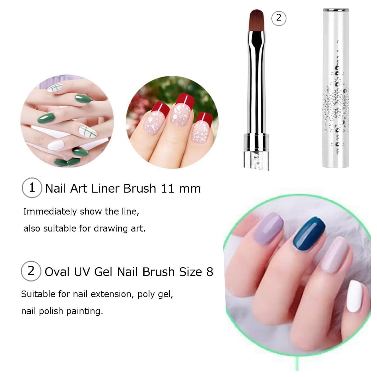2PCS Professional Nail Art Brushes Set – Dual-Ended French Manicure & Gel Liner Brush with Rhinestone Handle, Acrylic Nails & Home Nail Design (Round head, flat head, wire drawing)