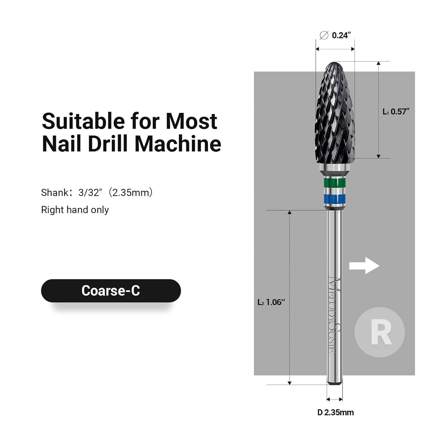 MelodySusie Ceramic Nail Drill Bit, 3/32'' (2.35mm) Professional Acrylic Nail File Flame Drill Bit for Manicure Pedicure Cuticle Gel Nail Polishing, Beginners Bits, Black, Series Bit-S, Coarse