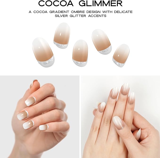Semi Cured Gel Nail Strips with 30 Pieces - UV Gel Stickers, Manicure Kit, Easy Application Wraps Includes Prep Pads, Nail File, Wooden Stick - UV Light Required (Cocoa Glimmer)