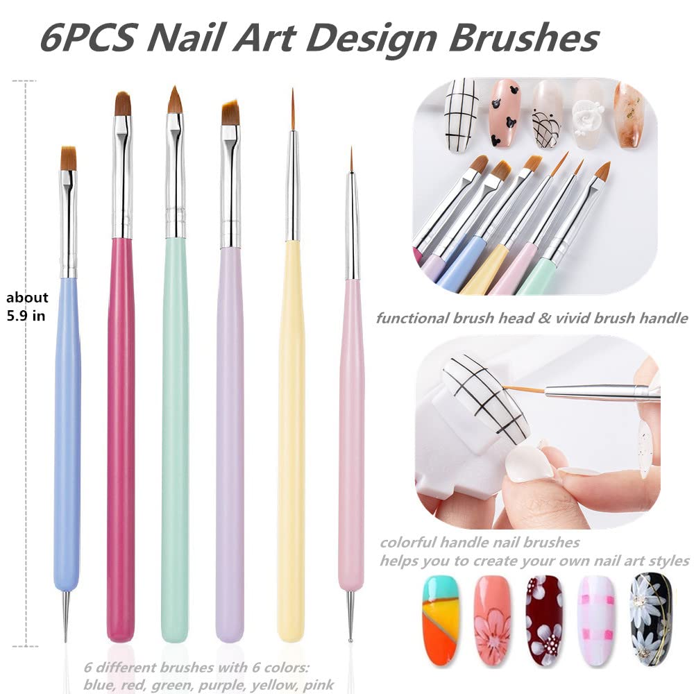 6 PCS Nail Art Brushes Set with 3 PCS Nail Painting Brushes, Double Ended Brush and Dotting Tool Kit, Nail Art Design Tools