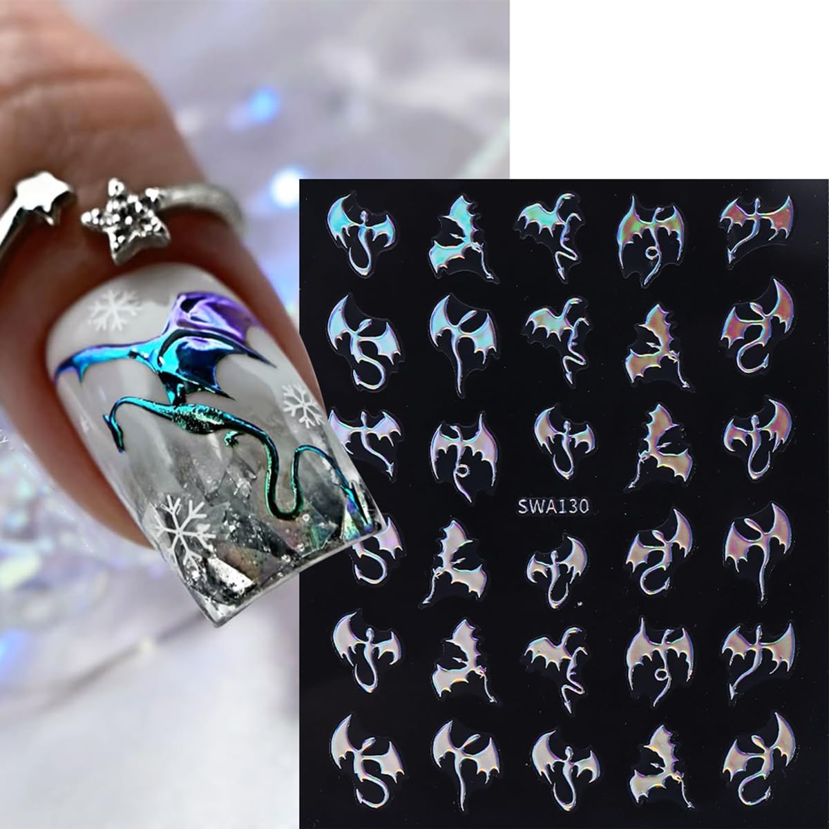 Dragon Nail Art Stickers 3D Metallic Flying Devil Bat Halloween Nail Decals 6PCS Golden Silvery Holographic Y2k Dragon Nail Stickers Sweet Punk Style DIY Halloween Nail Art Salon Decorations Supplies