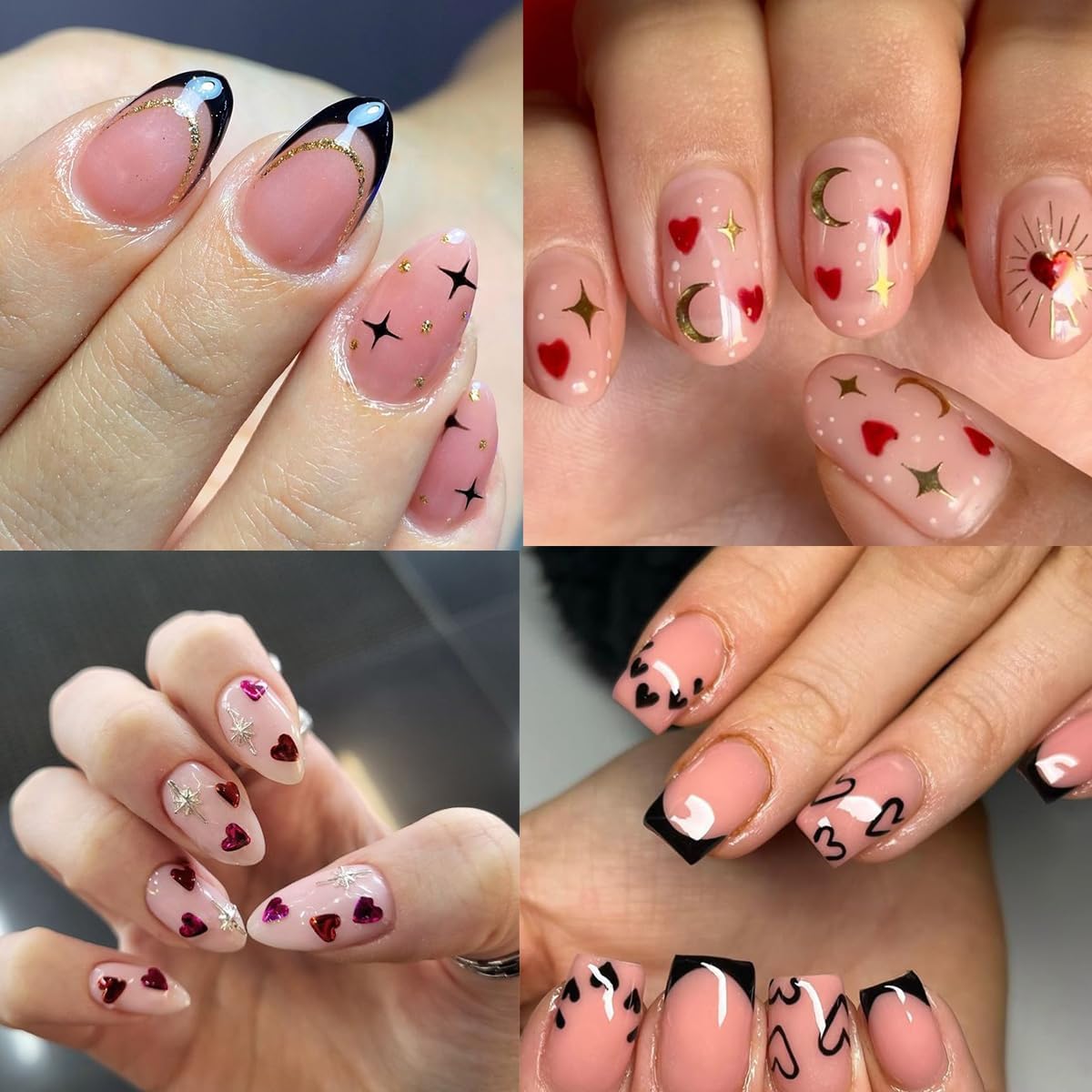 6Sheets Heart Nail Art Stickers, Hearts Stars Nail Decals for Women Valentines Nail Art Supplies 3D Black White Gold Silver Blue Red Heart Stickers for Nails Design Sticker DIY Manicure Decoration