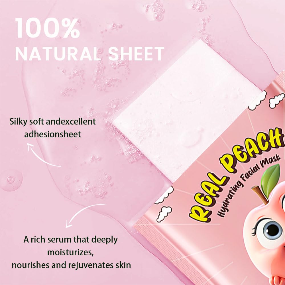 8 PCS Real Hydrating Nature Face Masks Skincare, Hyaluronic Acid, Vitamin C and E, Chamomile, Korean Beauty Essence Facial Paper Sheet Mask for Skin Care Moisturizing (Peach)
