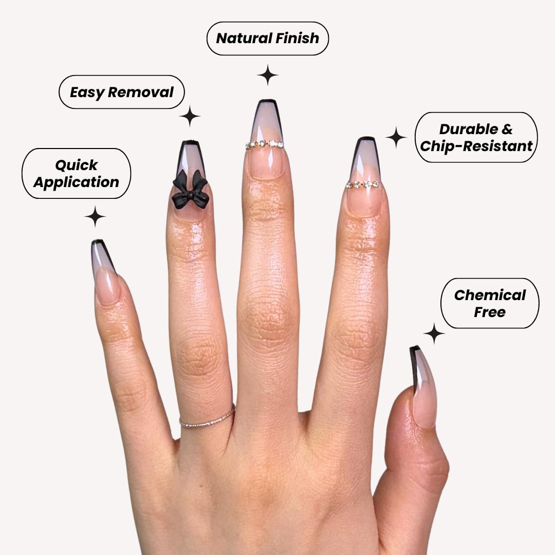 Perfect Look Press On Nails - Bow French | No Glue One-Day Long Coffin Nails, Black French Nude Nails with 3D Bow - 24 Pcs Nail Kit with Adhesive Tabs