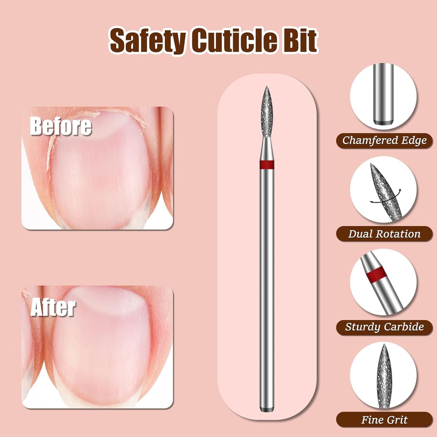 2mm Flame Shape Cuticle Clean Nail Drill Bit 3/32'', Professional Safety Carbide Diamond Under Nail Cleaner for Cuticle Dead Skin Nail Prepare, Two Way Rotate, Manicure Salon Supply (Sliver, Fine)