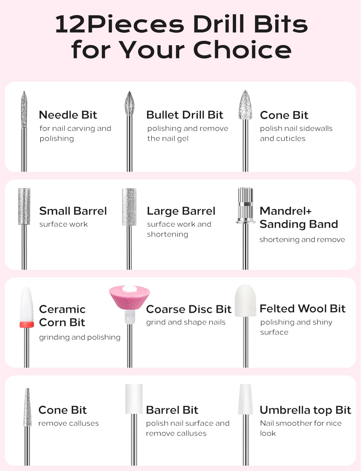 Electric Nail Drill Professional Kit: 45,000 RPM USB Rechargeable Efile Nail Drill Nail File with 12 Bits for Polishing Gel/Acrylic Nails- Portable Manicure Tool Set for Salon/Home-Pink