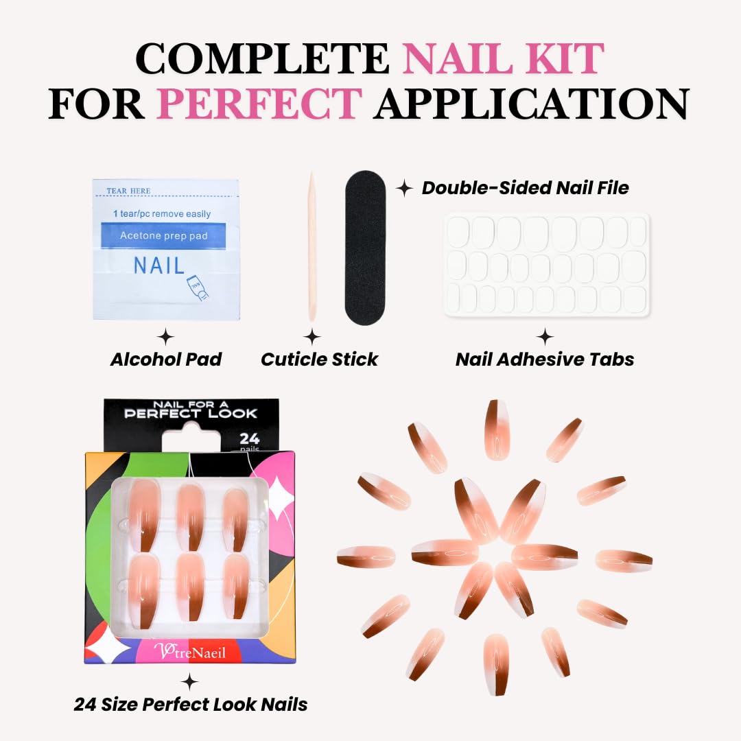 Perfect Look Press On Nails - Chic Glaze | No Glue One-Day Long Coffin Nails, Glossy Pink Swirl French Fake Nails - 24 Pcs Nail Kit with Adhesive Tabs