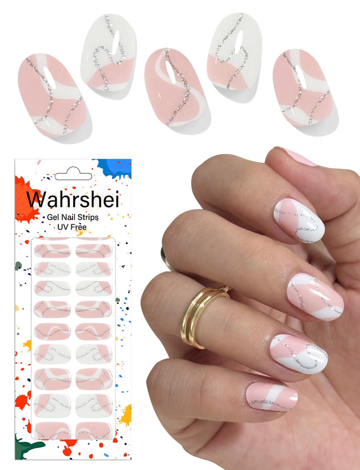 Gel Nail Strips No UV, Nude Geometry, UV Free, Long Lasting Gel Stickers - Contains 22 Wraps, 1 Prep Pad, 1 File