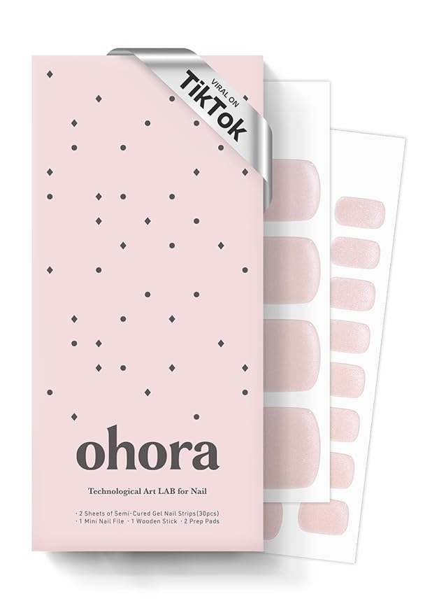 ohora Semi Cured Gel Pedi Strips (P Glassy) - Works with Any Nail Lamps, Salon-Quality, Long Lasting, Easy to Apply & Remove - Includes 2 Prep Pads, Nail File & Wooden Stick