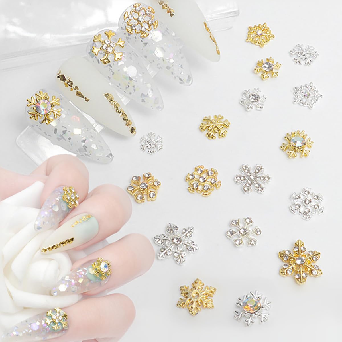 Christmas Nail Charms Supply 20pcs Gold Silver Mix Snowflake Art Charms With Diamond Design Winter Xmas Snowflakes Jewelry for Women Girls DIY Manicure Tips Christmas Nails Decoration