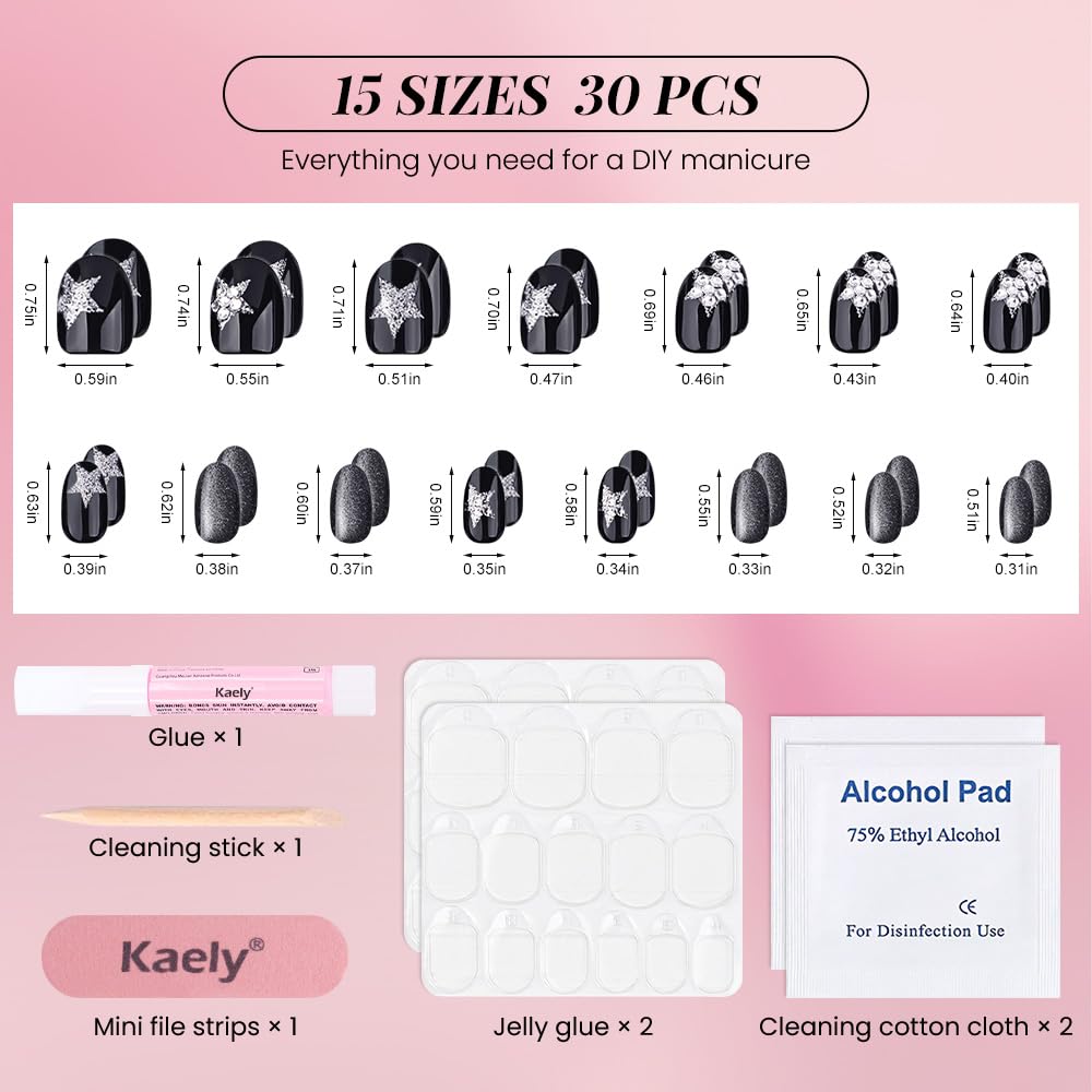 evpct Black Goth Cat Eye Short Press on Nails Oval, Short Oval Glue on Nail for Women Gift, Gothic Silver Star Metallic Glitter Glossy Reusable Spring Summer Gel Press on Acrylic Fake Nail with Design