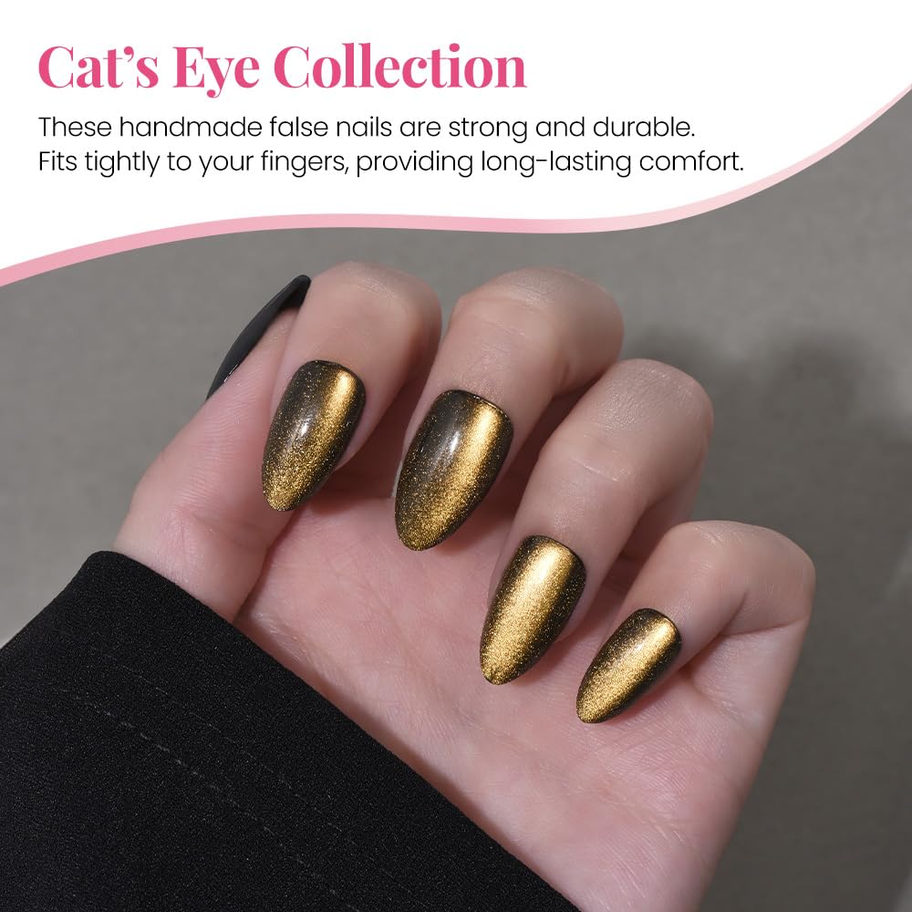 evpct Cat Eye Gold Press on Nails Almond Short, Gold Metal Short Almond Soft Gel Press on Nails with Nail Glue, Fit Perfectly, 30Pcs Reusable Acrylic Fake Press-on Nail Polish Kit for Women Gift