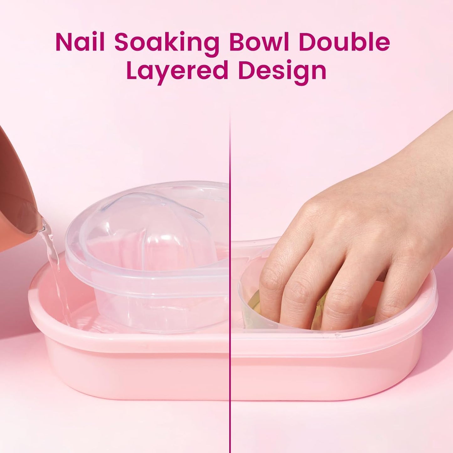 Quaferen Dual Nail Soaking Bowl: 2-in-1 Nail Polish Remover Manicure Bowl Acetone Proof for Women, Time-Saving Soak Off Acrylic Nail Removal Kit for Salon Home (Normal Size, Pink)