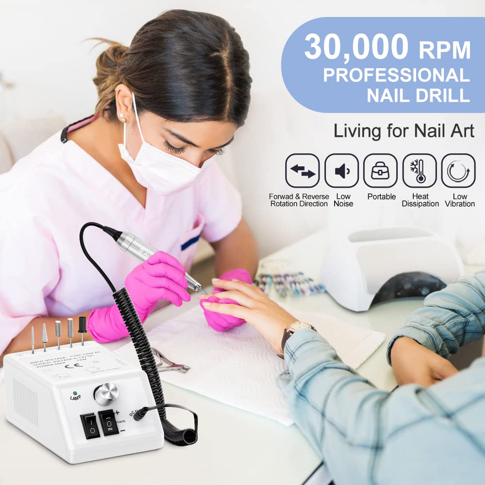 Professional Electric Nail Drill Machine 30000 RPM Efile Buffer Manicure Grinder Tools for Acrylic Nails with Nail Bits and Sanding Bands - White