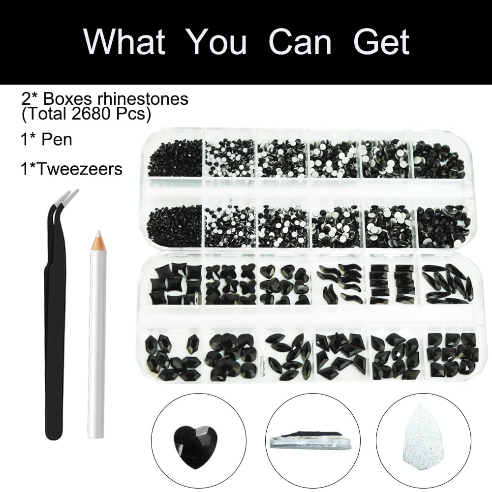 2680Pcs Black Rhinestones Nail Gems, 120pcs Big Black Nails Charms with Bling Flatback Round Beads, Light Black Clear Diamond Stones Jewelry Supplie for DIY Face Eyes Makeup Crafts Decoration