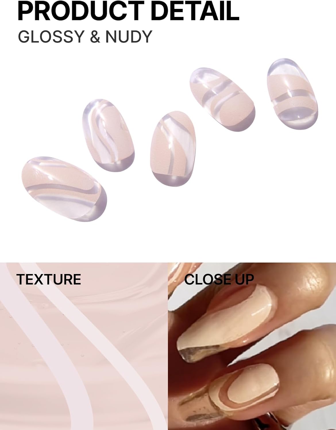 UUUUUU Semi Cured Gel Nail Strips | Salon-Quality | UV Free Gel Nail Wraps for Women | Easy Peel&Stick | Long-Lasting up to 14 Days | 28 Strips Set+File & Wipes | Gift-Ready(UGN109 Glossy & Nudy)