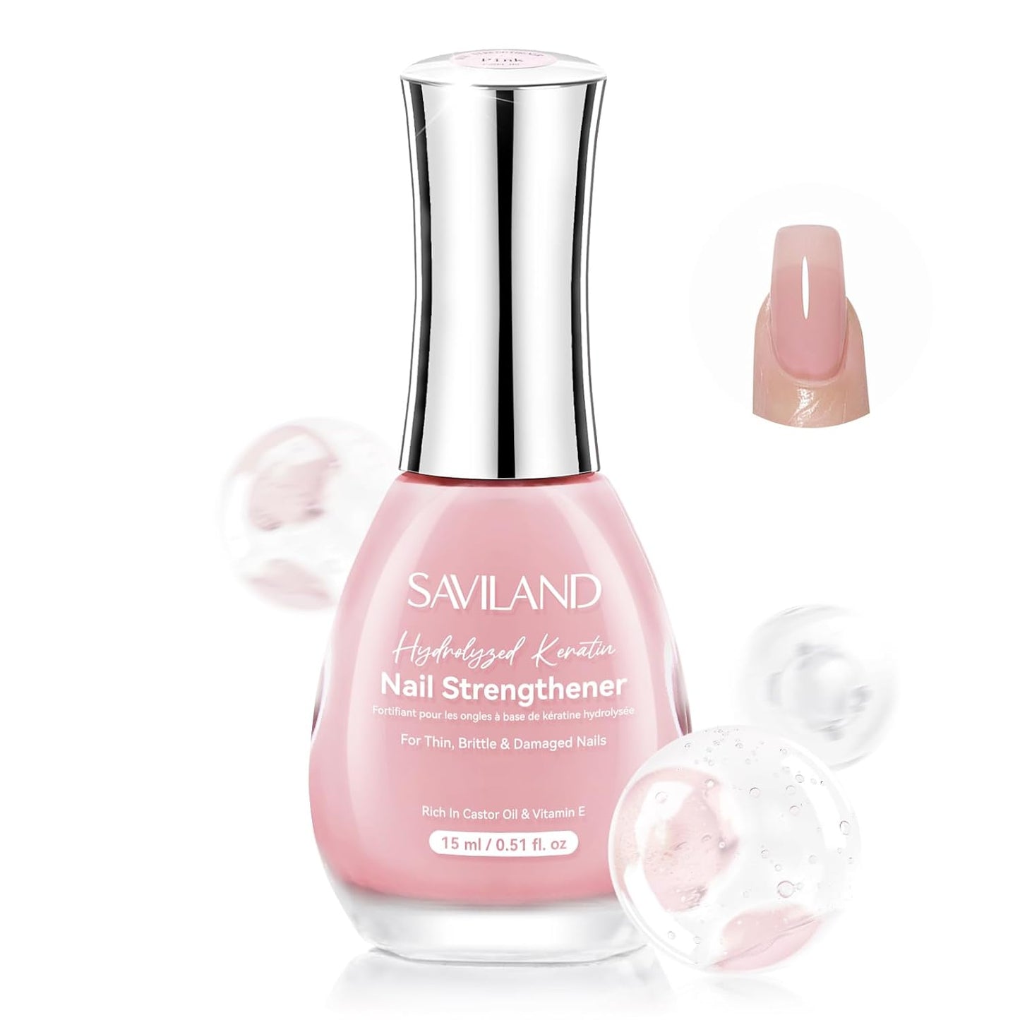 SAVILAND Nail Strengthener: Sheer Pink Natural Concealer Foundation Polish Air Dry Nail Growth for Damaged Nails Repair Weak & Thin Nails Nail Care with Castor Oil & Vitamin E 15ml Women Gift