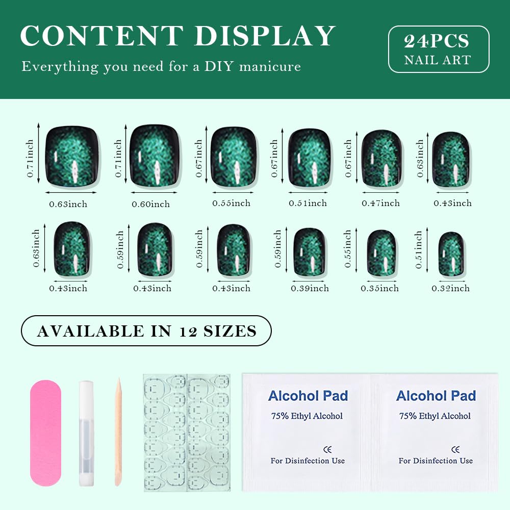 evpct Green Cat Eye Extra Short Press on Nails Square, Petite Short Square Glue on Nails for Women Gift, Emerald Green Metallic Glitter Glossy Reusable Gel Press on Acrylic Fake Nail with Designs