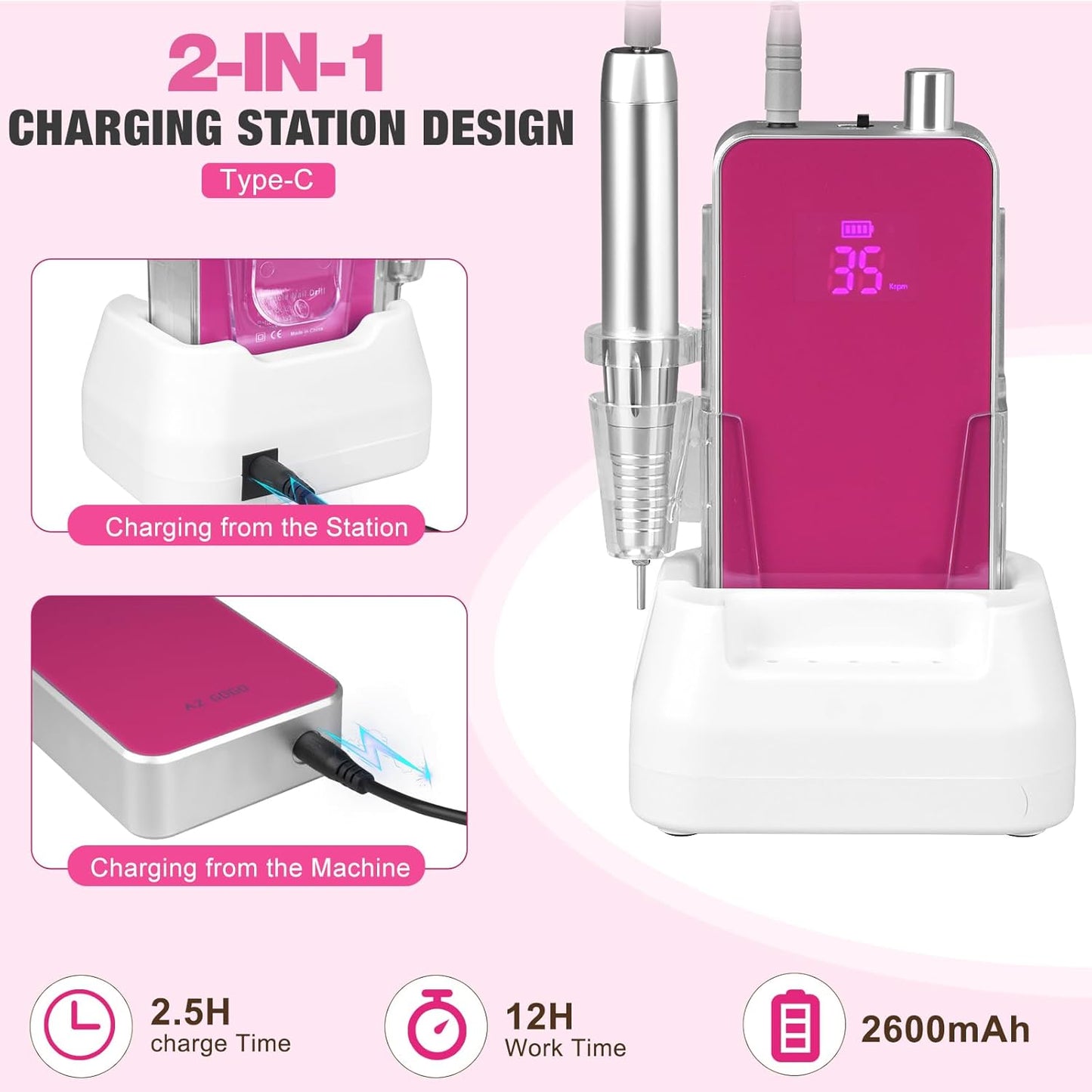 Professional Portable Nail Drill, 2-in-1 AZ GOGO 35000RPM Rechargeable Electric Cordless Nail Drills for Acrylic Gel Nails - Updated Coreless Motor Quieter, High Efficiency for Salon Level Pro E-File
