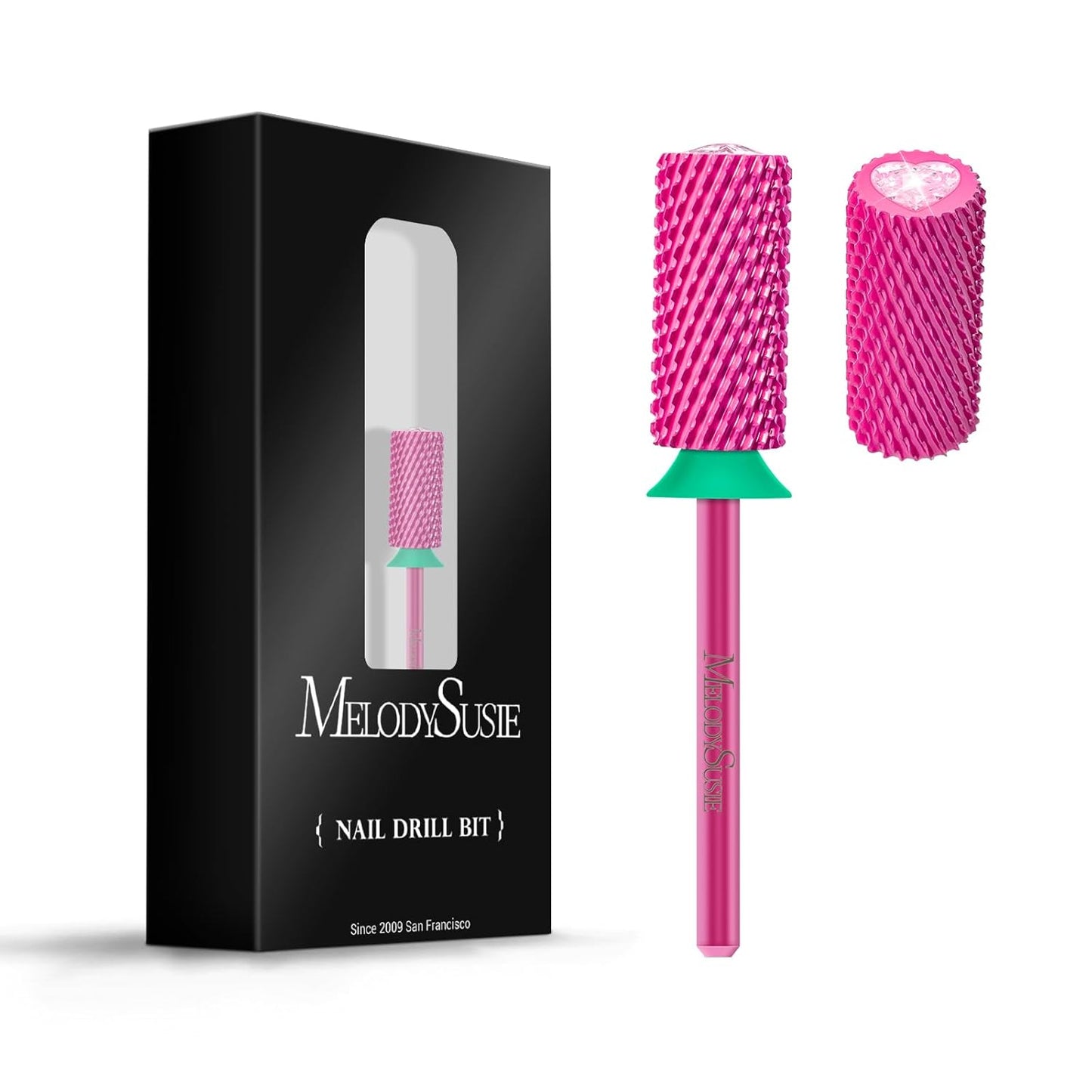 MelodySusie Large Barrel 3/32'' Tungsten Carbide Nail Drill Bit, Crystal Top Pink Heart Shape, Fast Remove Acrylic Gel, Cuticle Gel Polishing for Manicure Pedicure, Pink Blossom, Series Bit-S, Coarse
