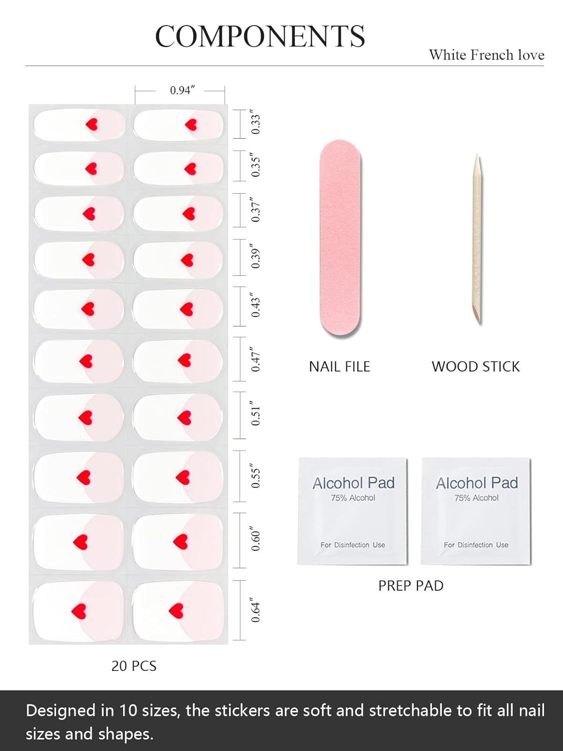 Semi Cured Gel Nail Strips (A White French Love), Red Love, 20 Pcs Gel Nail Wraps, Stickers, UV Light Required, Salon Quality, Long Lasting