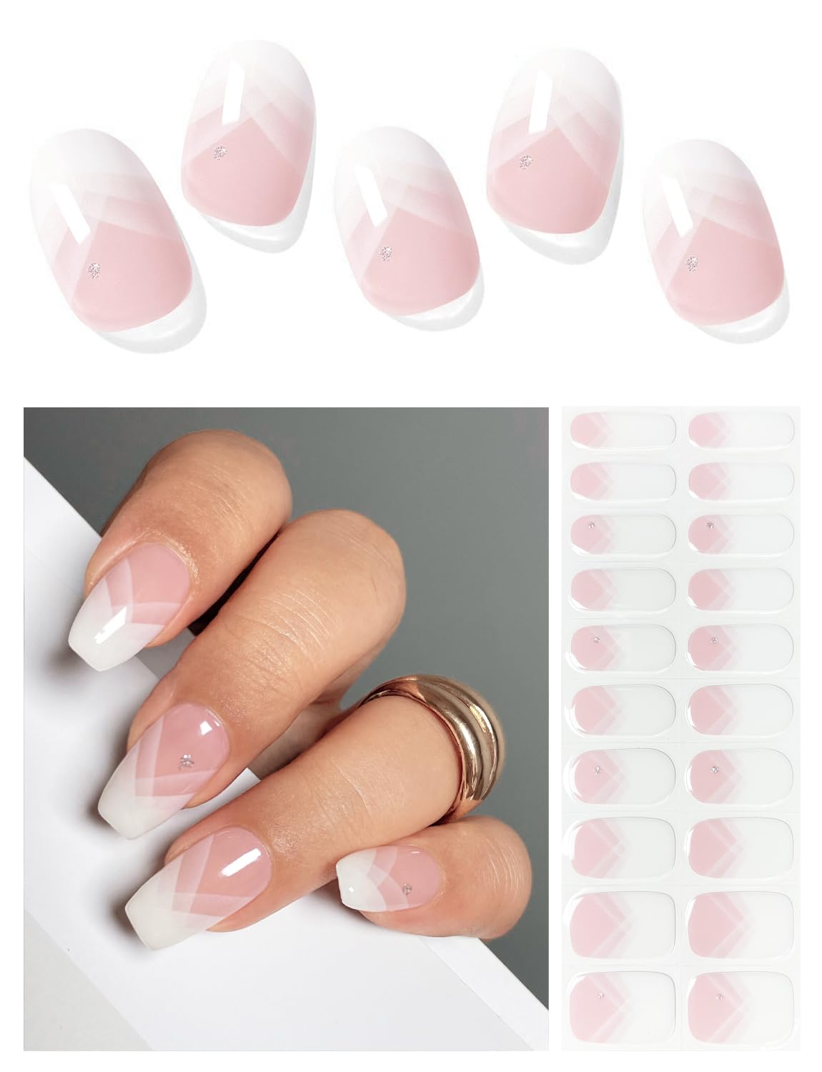 Semi Cured Gel Nail Strips (Elegant French), White French Tip, 20 Pcs Gel Nail Wraps, Stickers, UV Light Required, Salon Quality, Long Lasting