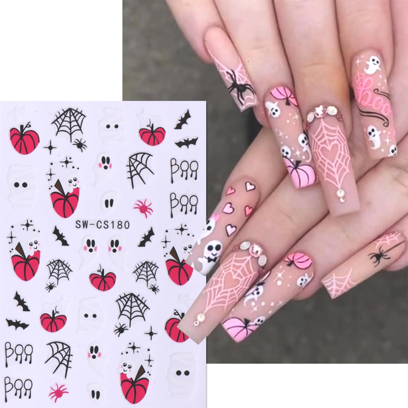 6 Sheets Halloween Nail Art Stickers,3D Cute Nail Decals White Ghost DIY Nail Tips Sticker for Halloween Party, Skull Pumpkin Star Ghost Bat Spider Web Self-Adhesive Designs Manicure Decorations