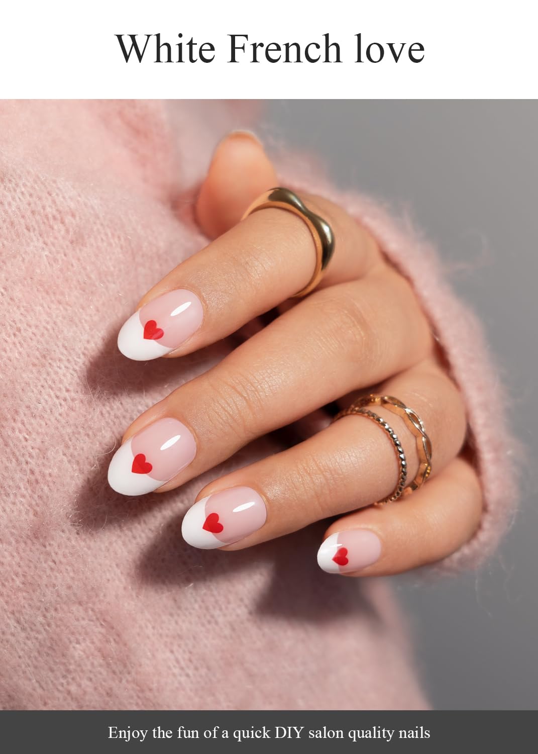 Semi Cured Gel Nail Strips (A White French Love), Red Love, 20 Pcs Gel Nail Wraps, Stickers, UV Light Required, Salon Quality, Long Lasting