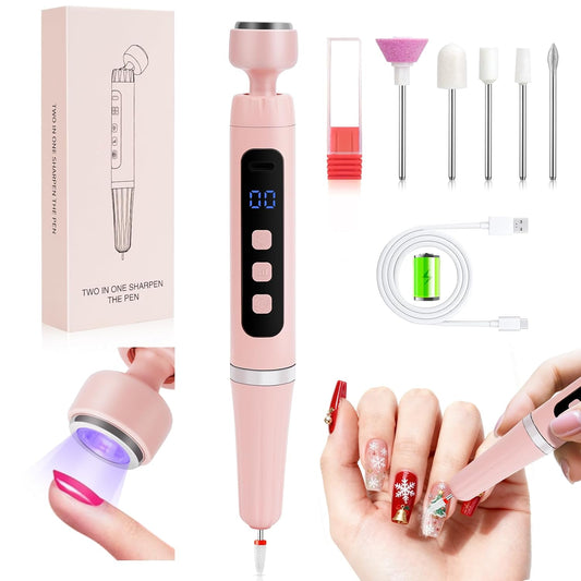 Cordless Electric Nail Drill Kit with Built-in UV Lamp, 2-in-1 Multi-Function Efile with Adjustable Speed & LCD Display, Quiet Portable for Acrylic/Gel Rechargeable Nail File Manicure Pedicure(Pink)