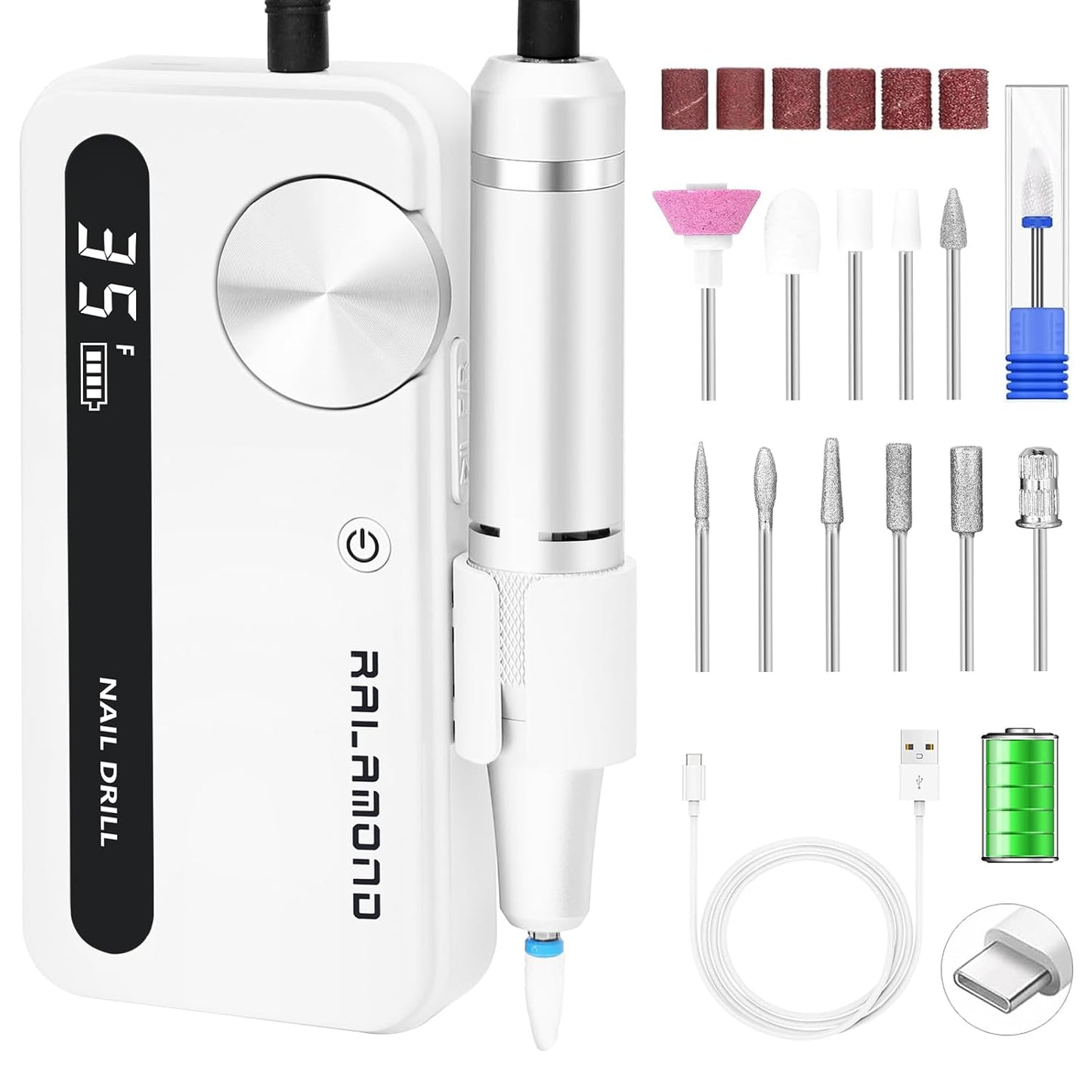 Professional Nail Drill, 35000RPM Electric Nail File, Rechargeable Cordless Machine, Nail Drill Kit with Bits, Portable Electric Nail Filer Manicure Pedicure (White)