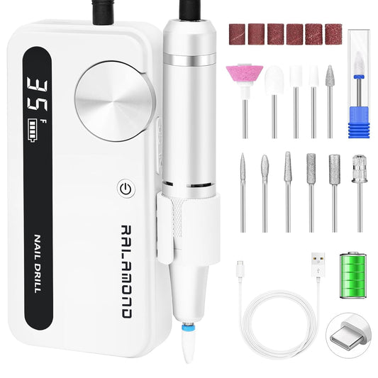 Professional Nail Drill, 35000RPM Electric Nail File, Rechargeable Cordless Machine, Nail Drill Kit with Bits, Portable Electric Nail Filer Manicure Pedicure (White)