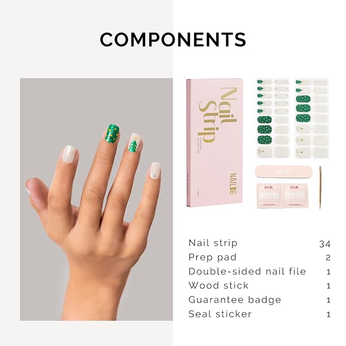 Nailog Semi Cured Gel Nail Strips 34 pcs| Long Lasting Nail Polish Sticker Wraps with Glossy Gel Finish, Twinkling Trees