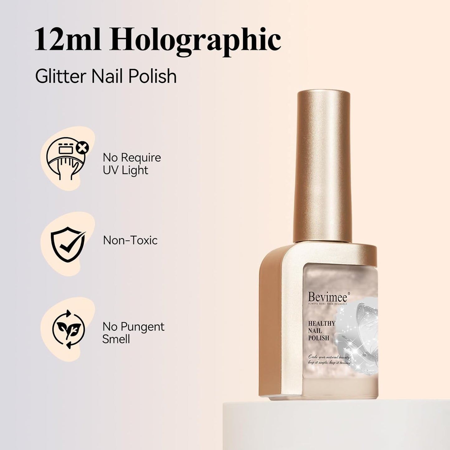 Glitter Nail Polish Quick Dry 12ML, Shimmer Champagne Gold Glitter Nail Polish Sparkly Shine nail polish Holographic Varnish Nail Lacquer Natural Nail Art for Beginner-1PC