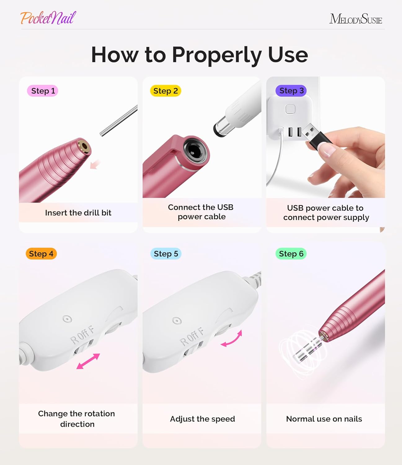 MelodySusie PocketNail Slim Ergonomic Pen-Shaped USB Nail Drill, PC100G 20000RPM Portable Electric File for All Manicure, Pedicure Nail Care, Shaping & Gel Removal at Home for Beginners