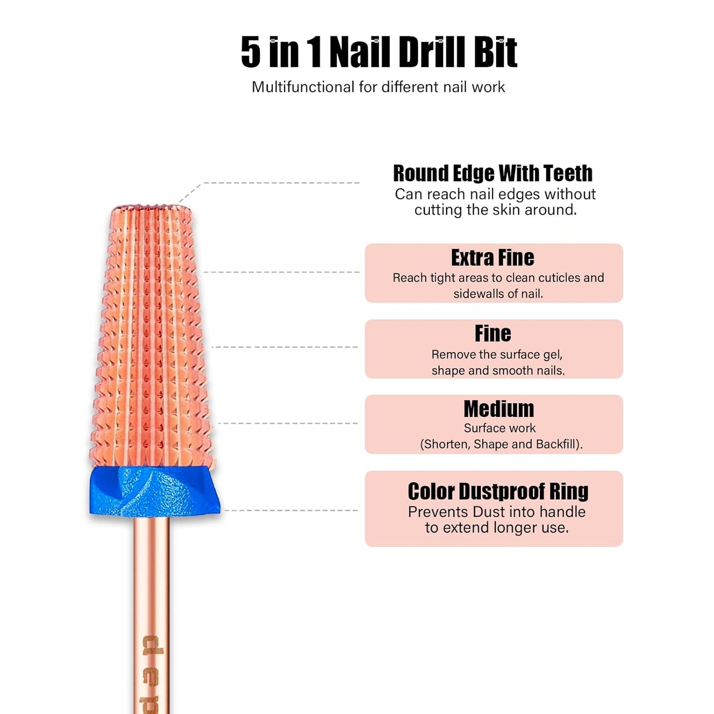 Depvko Super Long 5 in 1 Nail Drill Bits, 3/32'' Carbide Tungsten Bits, Two Way Rotate Professional Advanced Safety Bits for Nail, Fast Remove for Manicure Pedicure (Classic 5in1-Rose Gold, Medium-M)