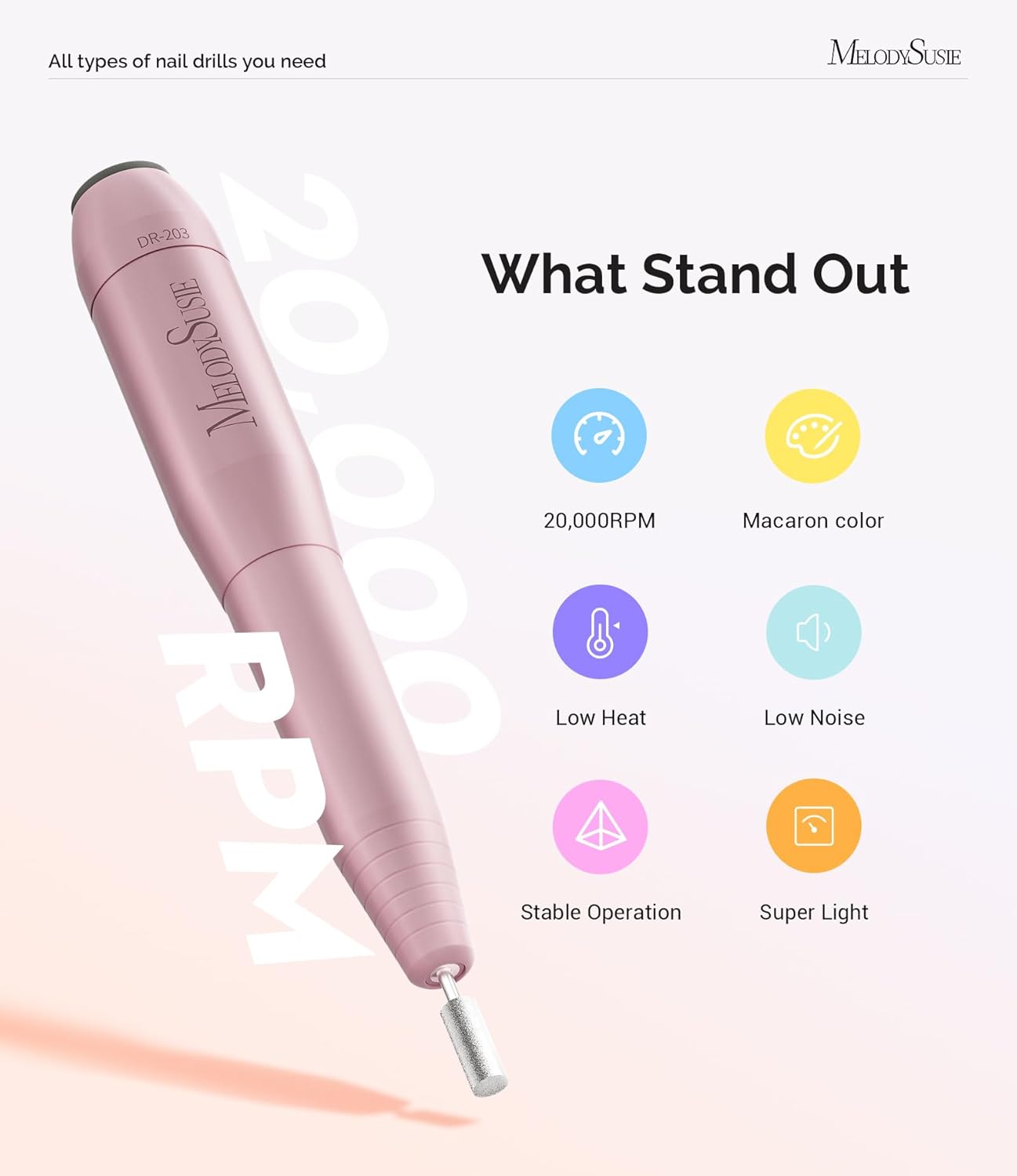 MelodySusie Pen-Shaped Portable USB Nail Drill, PC120I 20000RPM Electric Nail File with Compact Design for All Nail Care, Manicure Polishing, Shaping & Gel Removal at Home for Beginners