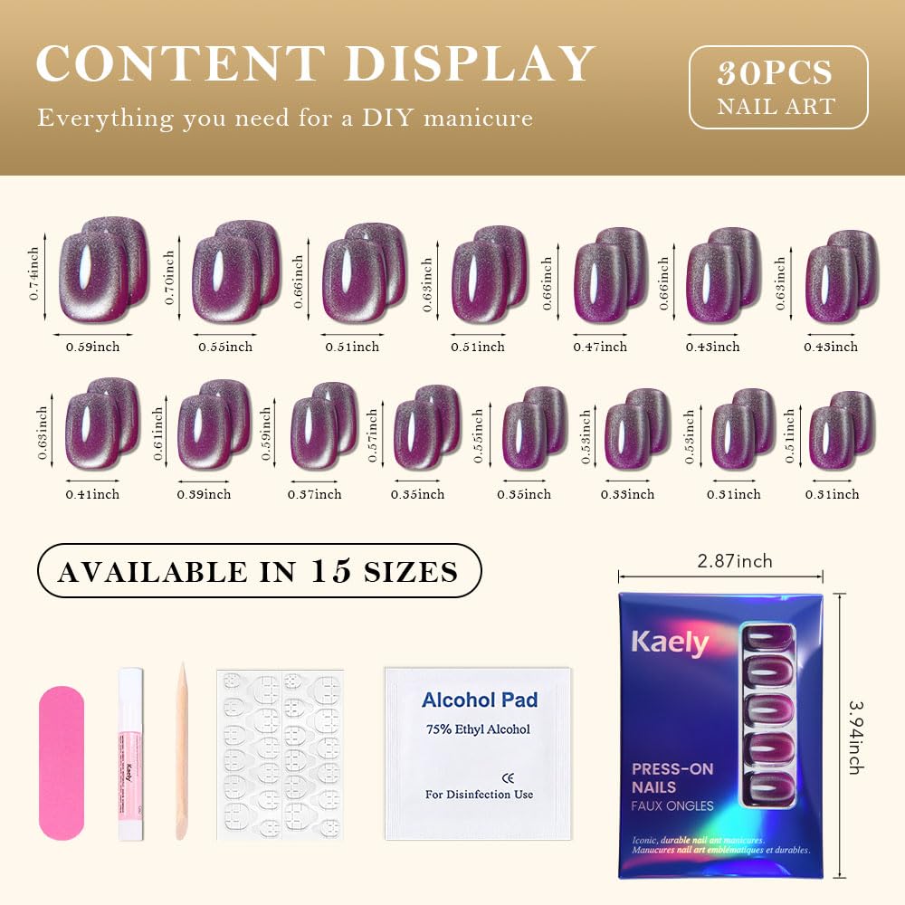 evpct Light Purple Cat Eye Extra Short Press on Nails Square, Petite Short Square Glue on Nails for Women Gift, Magenta Purple Holographic Glitter Glossy Reusable Gel Press on Acrylic Fake Nail