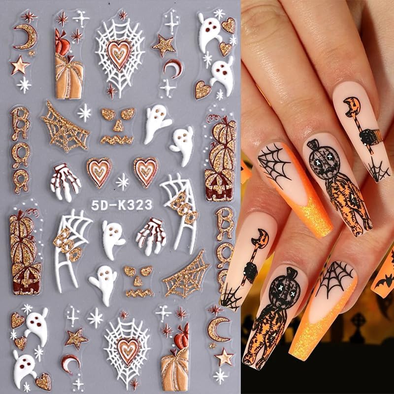 5D Embossed Halloween Nail Stickers for Nail Art Cute Ghost Nail Art Stickers Self-Adhesive Pegatinas Uñas Bear Pumpkin Fall Glitter Designs Spooky Skeleton Nail Decals Supplies for Nail Decoration