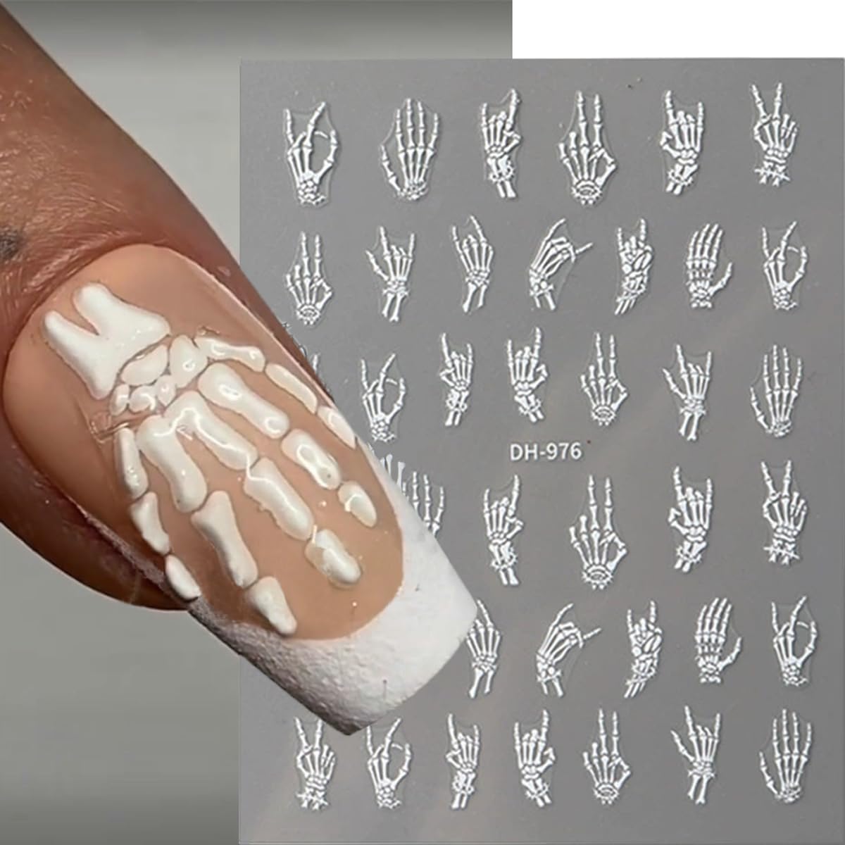 Halloween Nail Art Stickers Decals 3D Finger Bone Nail Stickers 4PCS Black White Gold Silver Fantasy Bone Design Halloween Nails Adhesive Decals Supply for Women Holiday Manicure Nail Art Decorations