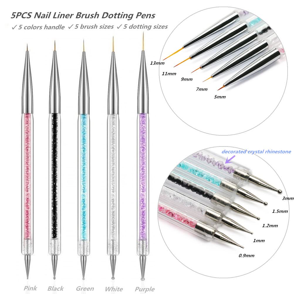 5PCS Nail Dotting Pens with 3PCS Nail Painting Brushes, Dual End Nail Art Pen Brush Acrylic Painting Drawing Liner Nail Tools(Set of 8)