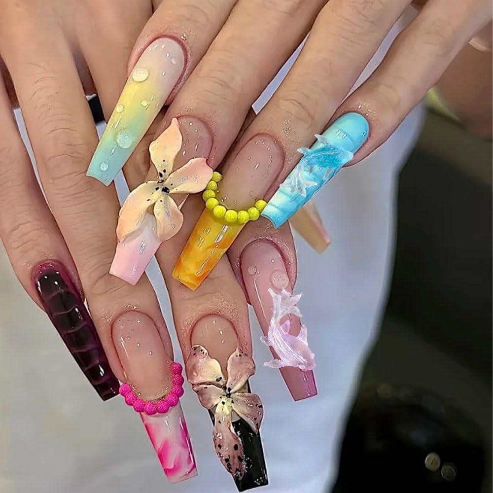 100PCS Beach Nails Charms, Summer Ocean Series 3D Resin Nail Rhinestone Mixed Dolphin Nail Gem for Women Girls Manicure DIY Crafts Accessories