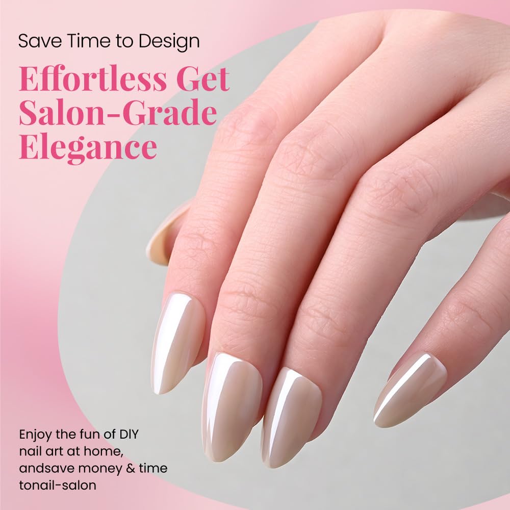 Press on Nails Short Almond - Nude Beige Chrome Glazed Glossy Press on Nail Tips Glue On Nails with Nail Glue for Gift, Reusable Stick On Nails in 15 Sizes 30 Full Cover Acrylic Soft Gel Fake Nail Kit