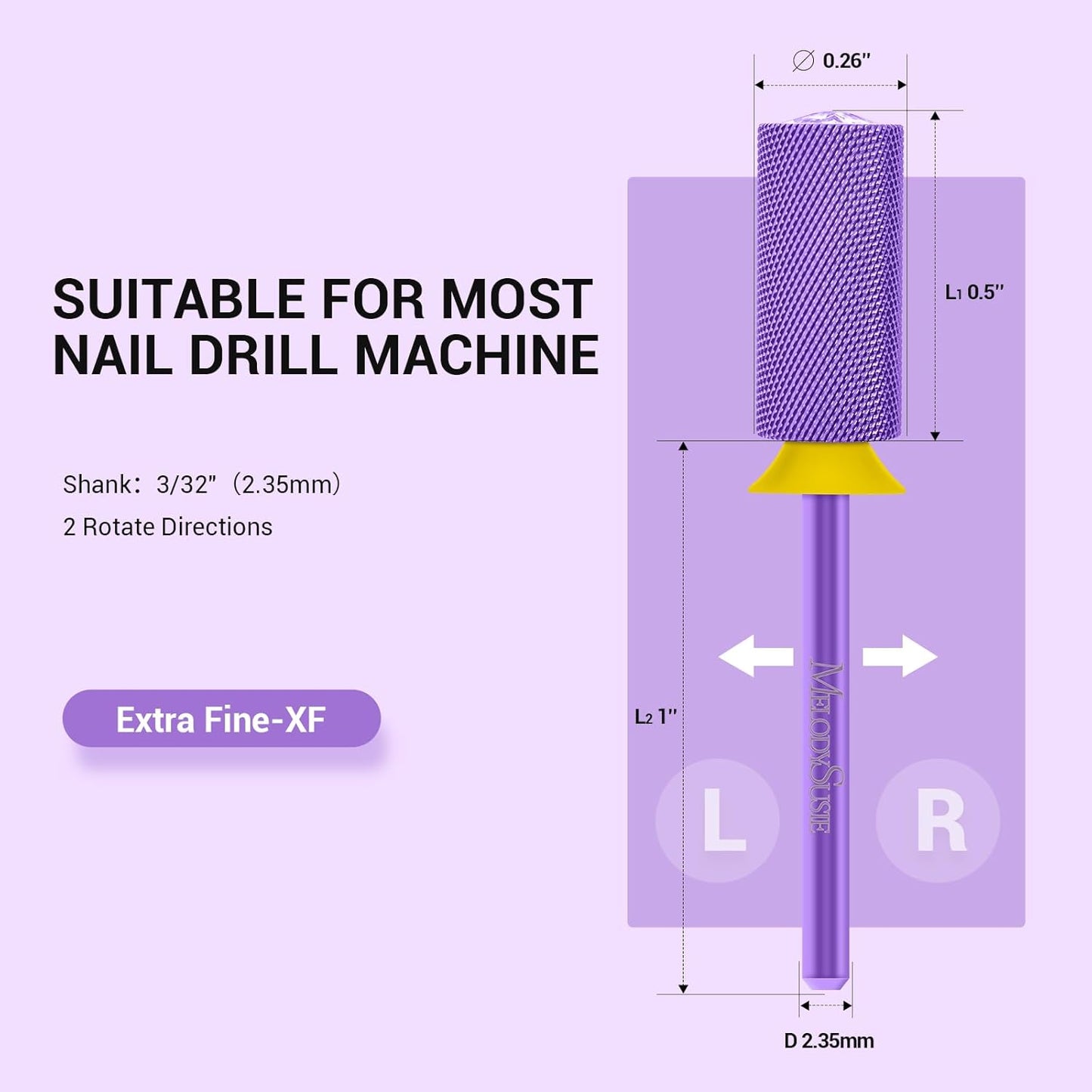 MelodySusie Large Barrel 3/32'' Tungsten Carbide Nail Drill Bit, Crystal Top Purple Heart Shape, Fast Remove Acrylic Gel, Cuticle Gel Polishing for Manicure Pedicure, Purple, Series Bit-S, XF