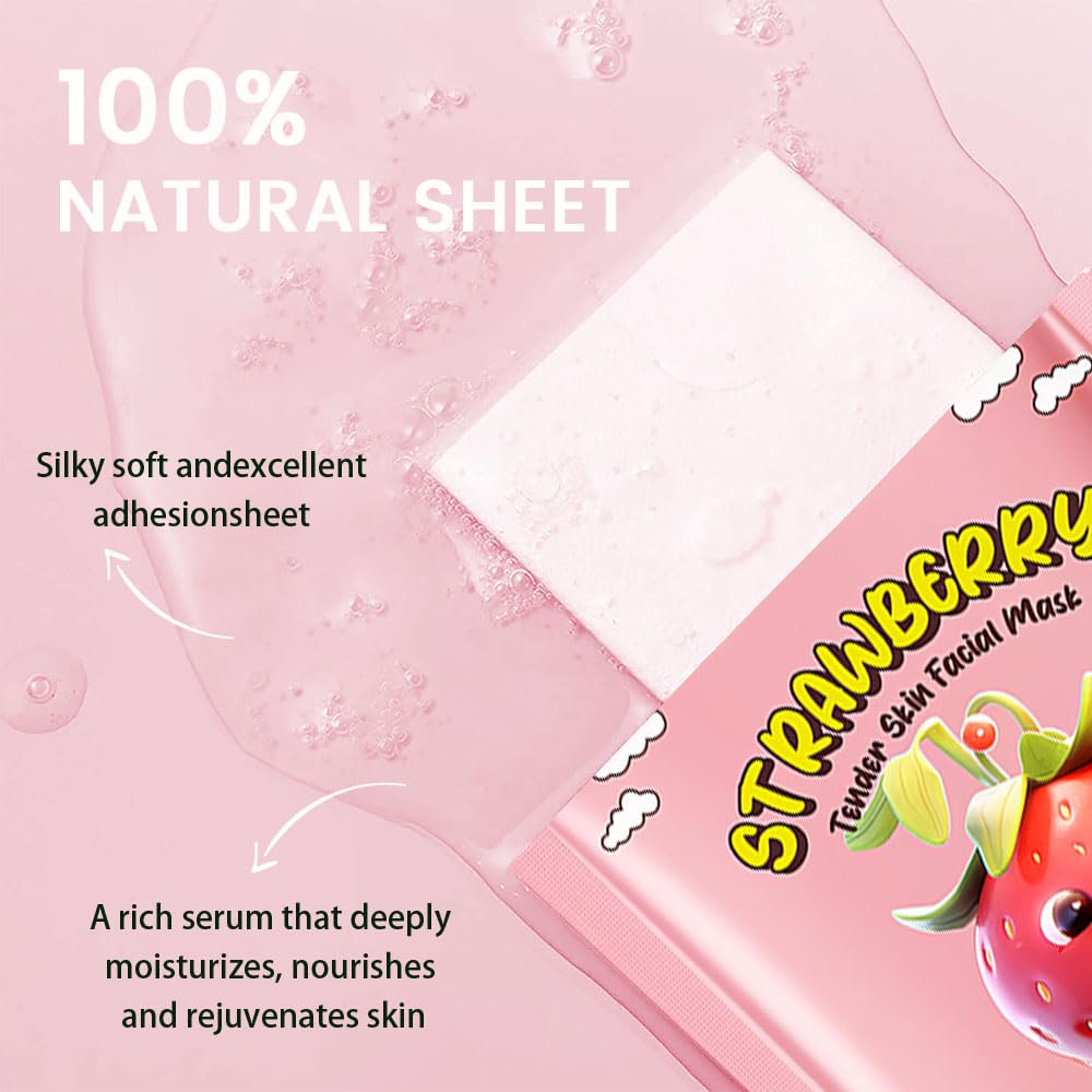 8 PCS Real Hydrating Nature Face Masks Skincare, Hyaluronic Acid, Vitamin C and E, Chamomile, Korean Beauty Essence Facial Paper Sheet Mask for Skin Care Moisturizing (Strawberry)