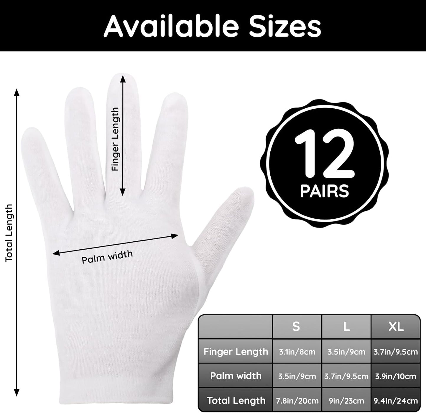 Segbeauty 24 Count Extra Large White Cotton Moisturizing Gloves, 12 Pairs Hand Gloves Moisturizing Overnight for Dry Hand, White Gloves Lotion Gloves for Men and Women, Sleeping Gloves for Rough Hands