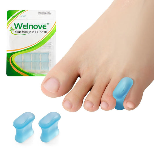 Welnove Upgraded Gel Toe Separators – 8-Pack Aloe Vera Extract Infused Silicone Pinky Toe Spacers for Straightening Overlapping Toes, Calluses – Bunion Corrector for Men and Women (Small, Blue)