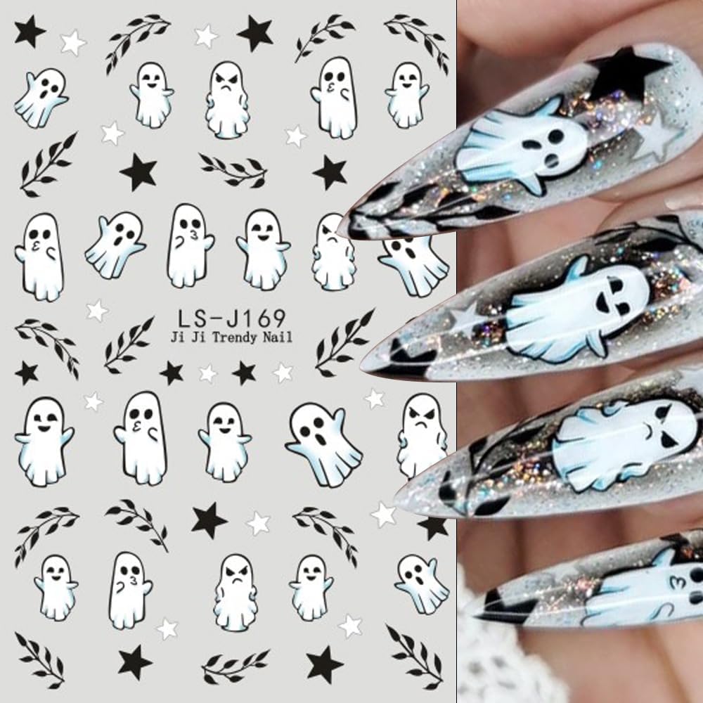 Halloween Nail Art Stickers Decals 3D Pumpkin Ghost Nail Decals 6PCS Skull Ghost Virus Leaf Bat Halloween Nails Design 3D Self-Adhesive Nail Art Supplies Manicure Sticker for Women Holiday Decoration